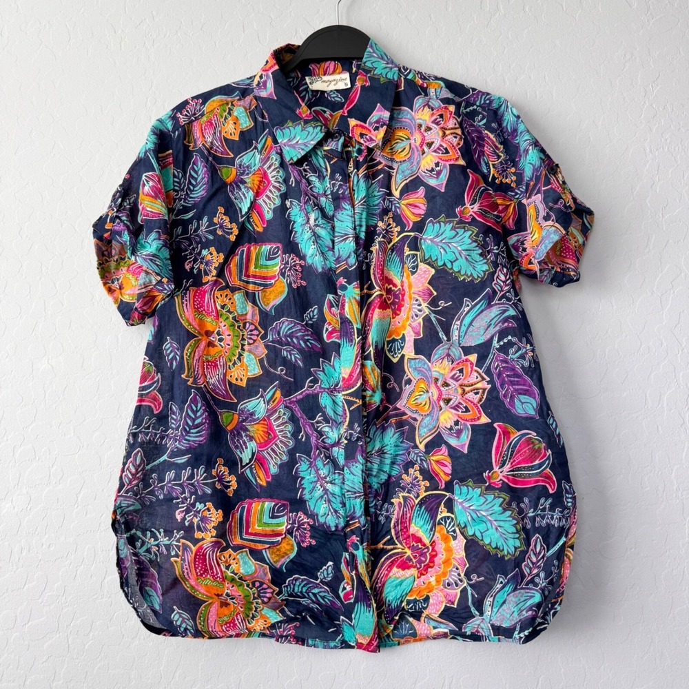 Magazine Floral Print Button Down Short Sleeve‎ Shirt Colorful Size S